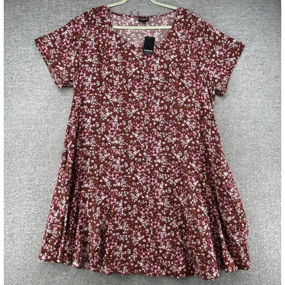 Torrid Floral Trapeze Mini Dress Women Size1X/14-16 Brown Floral Pockets NEW $55